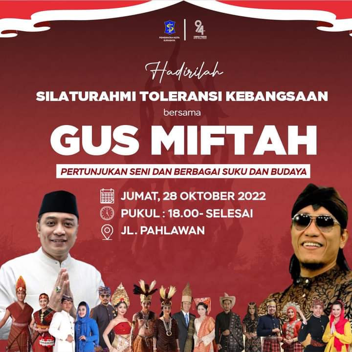 Bersama Gus Miftah, Wali Kota Eri Ajak Warga Hadiri Peringatan Sumpah Pemuda di Tugu Pahlawan
