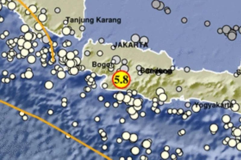 Peta kejadian gempa bumi M5,8 di Sukabumi, Jawa Barat pada Kamis (8/12/2022). ( Foto: BMKG)