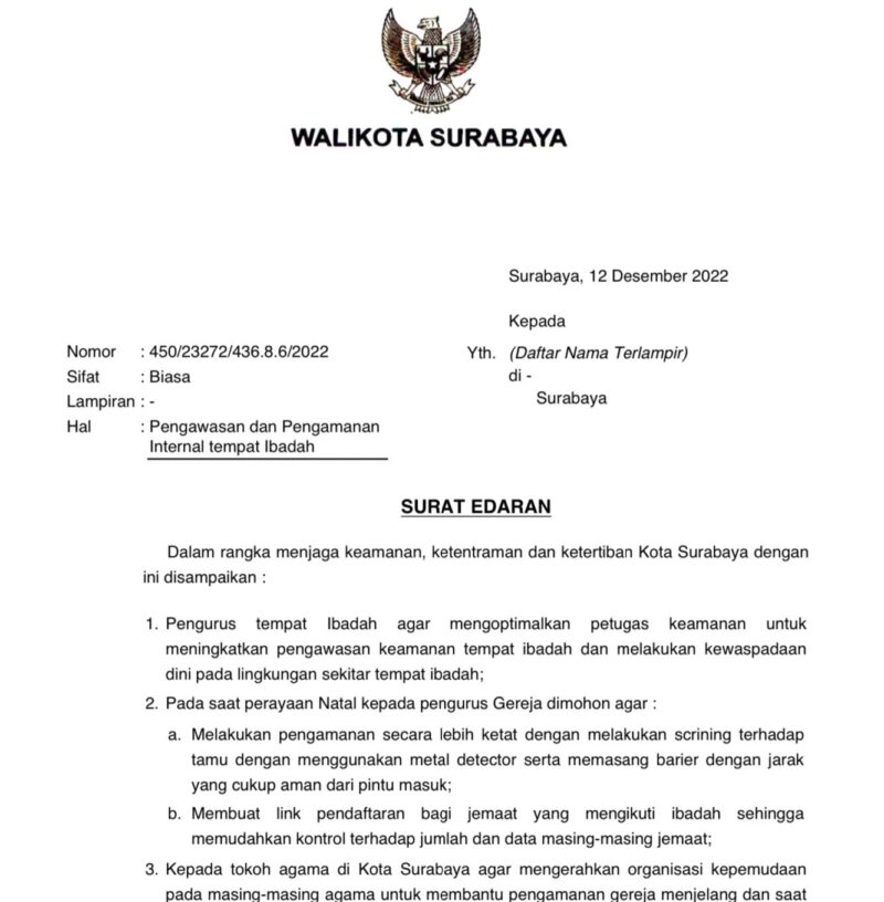 Pemkot Surabaya Terbitkan SE Pengamanan Natal