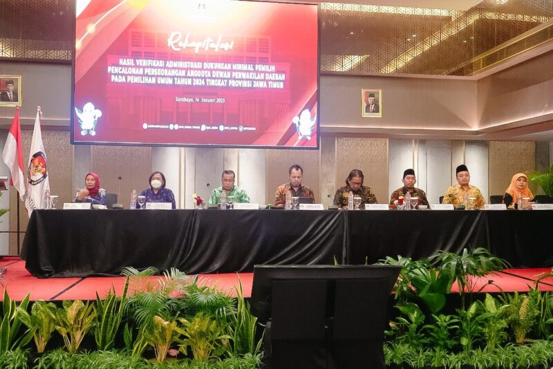 Rapat Pleno Rekapitulasi Hasil Verifikasi Administrasi Dukungan Minimal Pemilih Pencalonan Perseorangan Anggota DPD pada Pemilu Tahun 2024 Tingkat Provinsi Jawa Timur. (Foto: KPU Jatim)