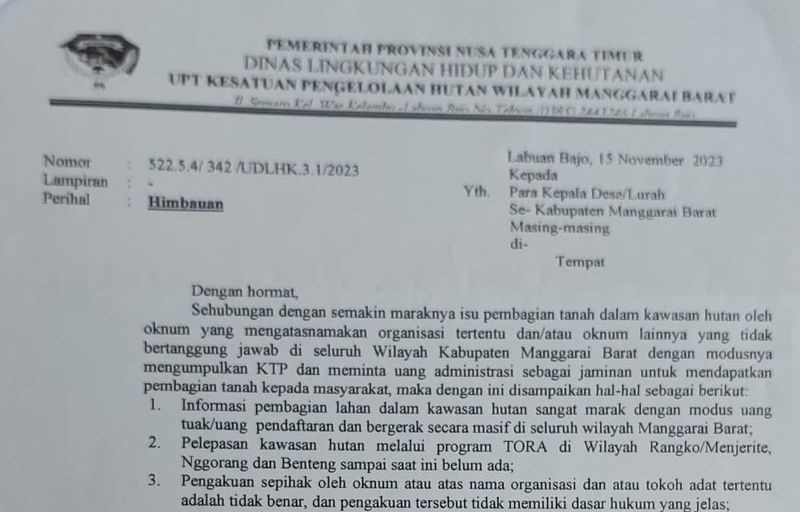 Surat Imbauan Kepala UPT Kesatuan Pengelolaan Hutan Wilayah Kabupaten Manggarai Barat Stefanys Nali (dok foto. detik.com)